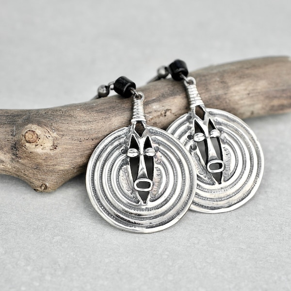 Vintage Tribal Mask Earrings - 925 sterling silver round face concentric circle disk drops - black glass bead French ear wires