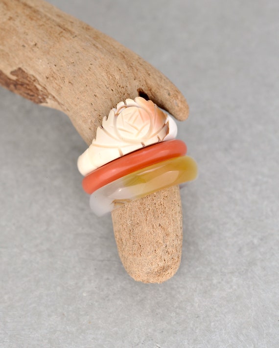 3 Vintage Stacking Rings - carved shell flower, a… - image 4