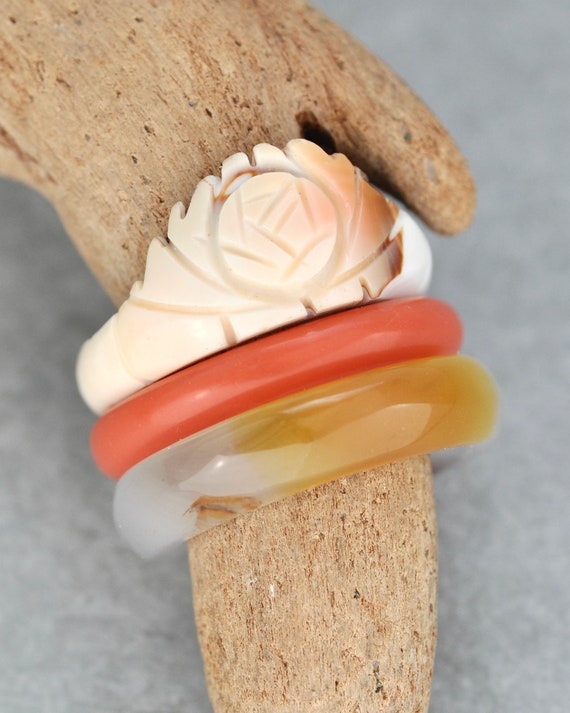 3 Vintage Stacking Rings - carved shell flower, a… - image 7