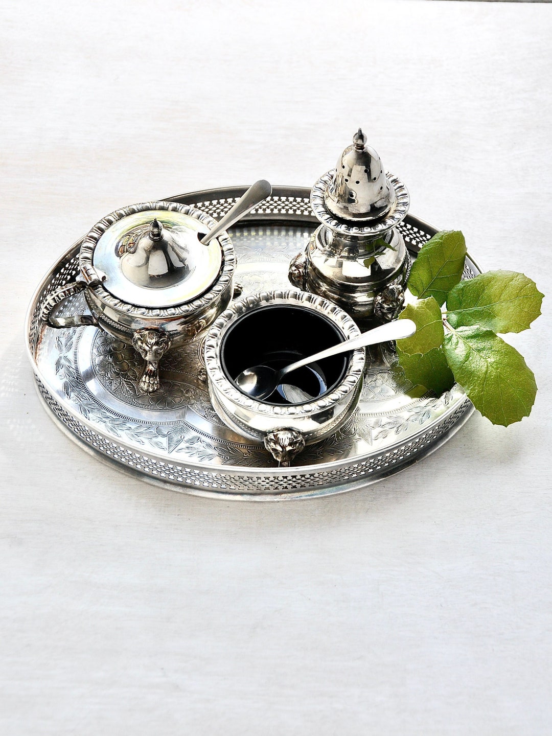 Vintage Condiment Set Silver Plated Tray Salt Cellar Etsy