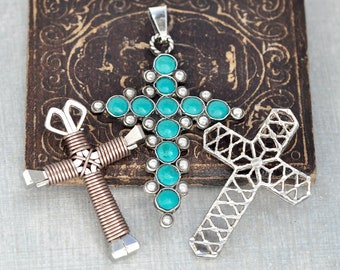 3 Vintage Cross Pendants - Mexican 925 sterling silver turquoise, latticework and copper wire wrapped nails - pendant lot