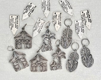 1 Vintage African Pendant - 925 sterling silver filigree house, palm tree, sandal - handmade in Benin City Nigeria - unworn old stock