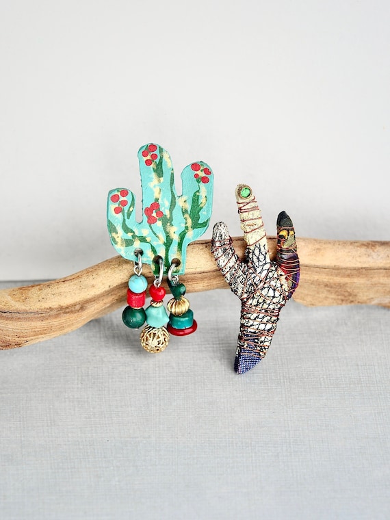 SALE! 2 Vintage Cactus Brooches - artisan handmade