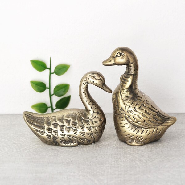 2 Vintage Brass Goose Figurines - small 2.5-3" metal geese with feather textures - farm animal farmhouse decor