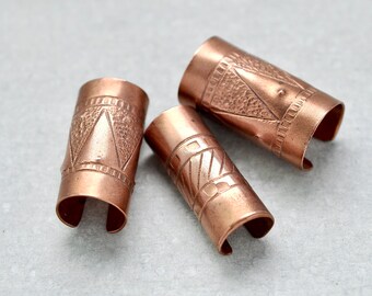 3 Vintage Dreadlock beads - handmade stamped raw copper loc hair cuff bead set - 9mm 11mm 13mm