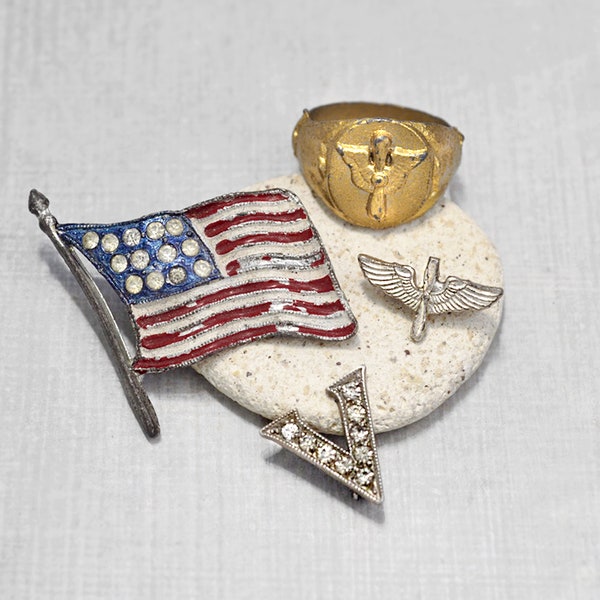 SALE! Vintage WW2 Sweetheart Jewelry Lot - sterling silver V victory, air force aviator lapel pins - propeller ring - enamel US flag brooch