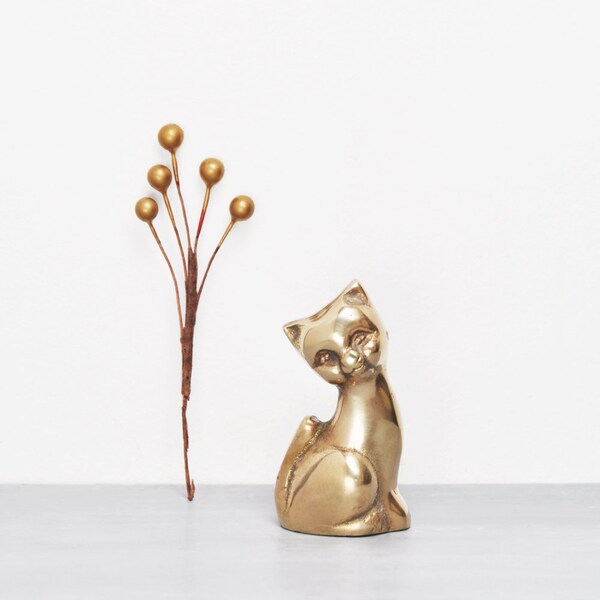 Vintage Small Brass Cat Figurine - solid metal seated kitty