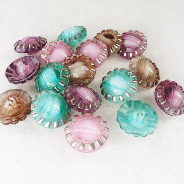 17 Vintage Glass Buttons - round with silver border accents 18mm