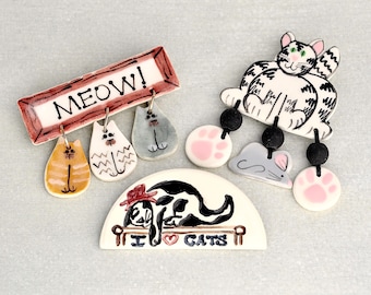 3 Vintage Cat Brooches - artisan handmade porcelain glazed ceramic -  black and white, orange, gray tabby, tuxedo kitty pin brooch lot