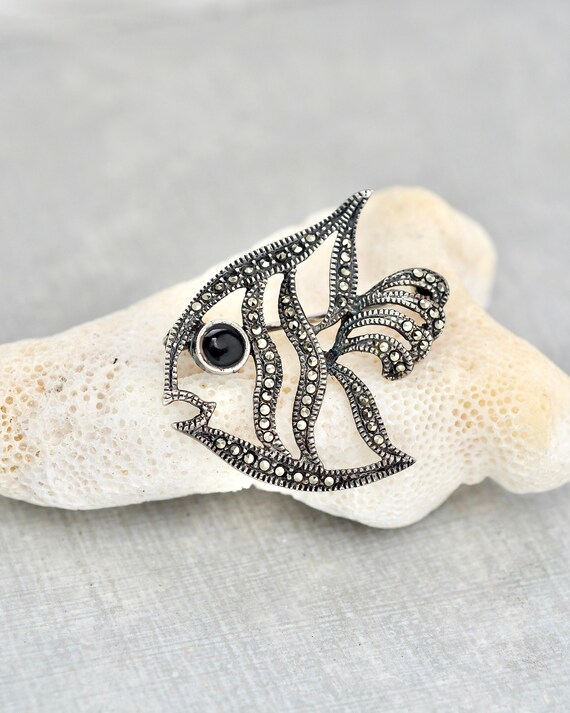 Vintage Marcasite Fish Brooch - 925 sterling silve