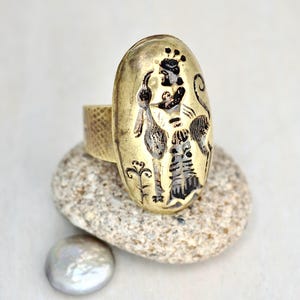 Vintage Brass Seal Ring - brass oval intaglio with woman and deer Artemis goddess figure - adjustable statement ring - small size 4.5