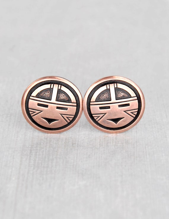 Vintage Copper Kachina Earrings - round 1" Southw… - image 2