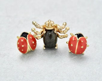 3 Vintage Bug Pins - tiny gemstone insect 2 enamel ladybug gold tone lapel hat scatter pin brooch lot