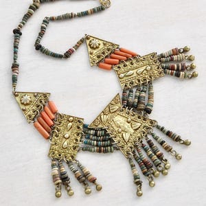 Vintage Egyptian Revival Necklace - coral and faience ceramic bead fringe - ancient Egypt style gold tone 17&quot; bib collar statement necklace