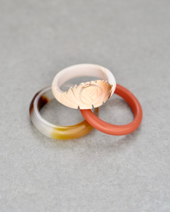3 Vintage Stacking Rings - carved shell flower, a… - image 1