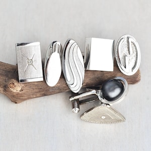 7 Vintage Cufflinks - &quot;junk lot&quot; silver tone cuff link pairs -  geometric oval square - Swank, Flex-let, most unsigned