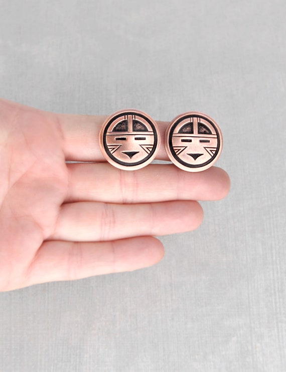 Vintage Copper Kachina Earrings - round 1" Southw… - image 3