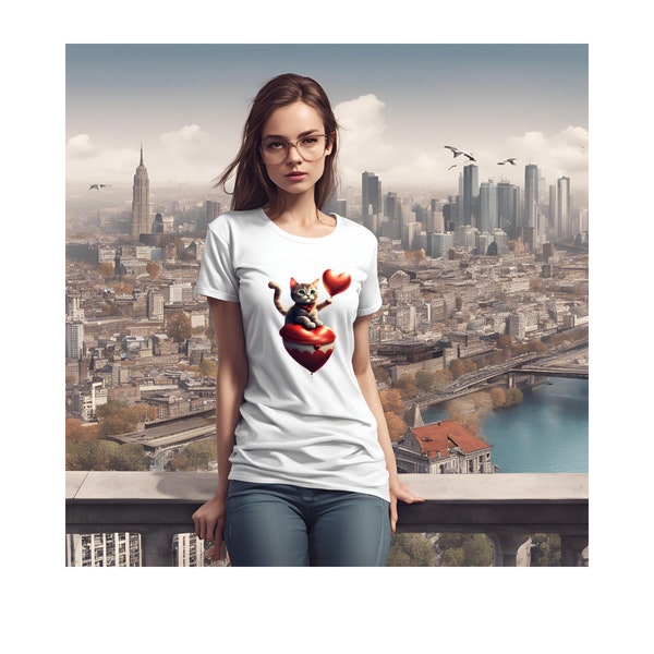 Feline Flight Womens Short Sleeve Cotton Tee with Red Heart Balloon Cat Print Playful Cat Lovers tshirt Whimsical Design Soft Cotton Fabric