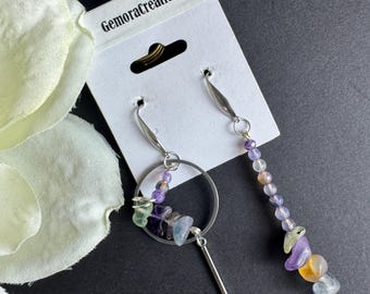 Mismatched Gemstone Earrings,  Modern Asymmetrical Amethyst, Fluorite & Quartz with Silver Hoop and Dangle Design.