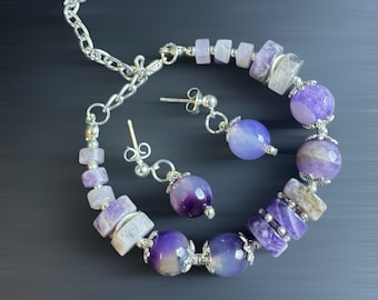 Amethyst & purple agate bracelet statement , Handcrafted Amethyst bracelet and Earrings set , Boho luxe handcrafted gift for her.