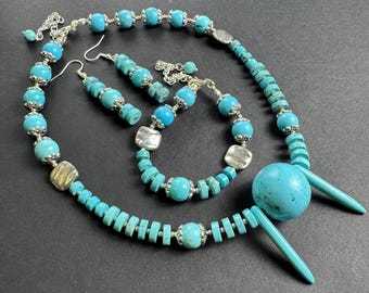 Turquoise and turquoise howlite necklace statement, unique design gemstone beaded set, handcrafted jewelry set gift for women