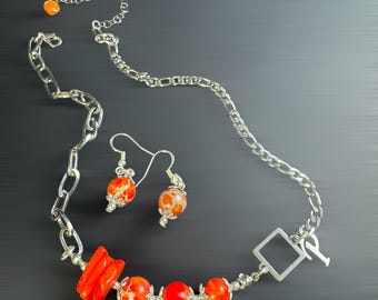 Minimalist Orange Jasper Necklace and Earrings Set, Handcrafted Beaded Jewelry Set, Gemstone and Silver accents necklace, Gift for Her.