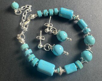 Turquoise Howlite Bracelet and Earrings Set, Boho& Southwestern Style Blue Gemstone Jewelry ,Unique Handcrafted for Her.