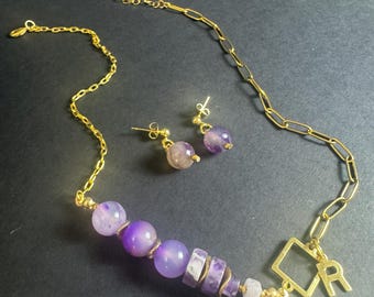 Minimalist amethyst ,agate necklace and earrings set, Handcrafted  gemstone gift for her. Artisan necklace,February birthstone jewelry.