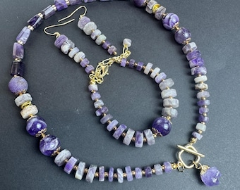 Amethyst necklace statement, Amethyst pendant & toggle necklace, Handcrafted gemstone jewelry set, February birthstone jewelry,gift for her.