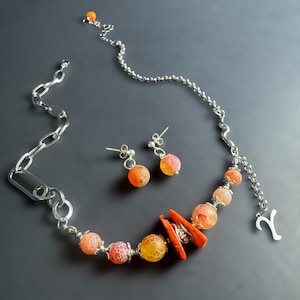 Minimalist Beaded Orange Frosted Agate Necklace and Earrings Set, Handcrafted Gemstone Jewelry with Silver Accents, Unique Gift for Her.