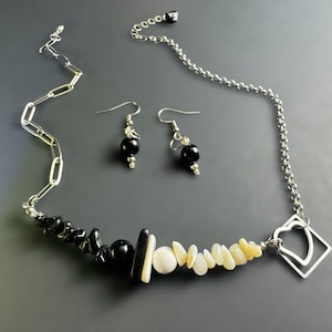 Minimalist Black & White Necklace and Earrings Set, Asymmetrical Chain Necklace, Geometric Modern Monochrome Jewelry, Gift for Her.