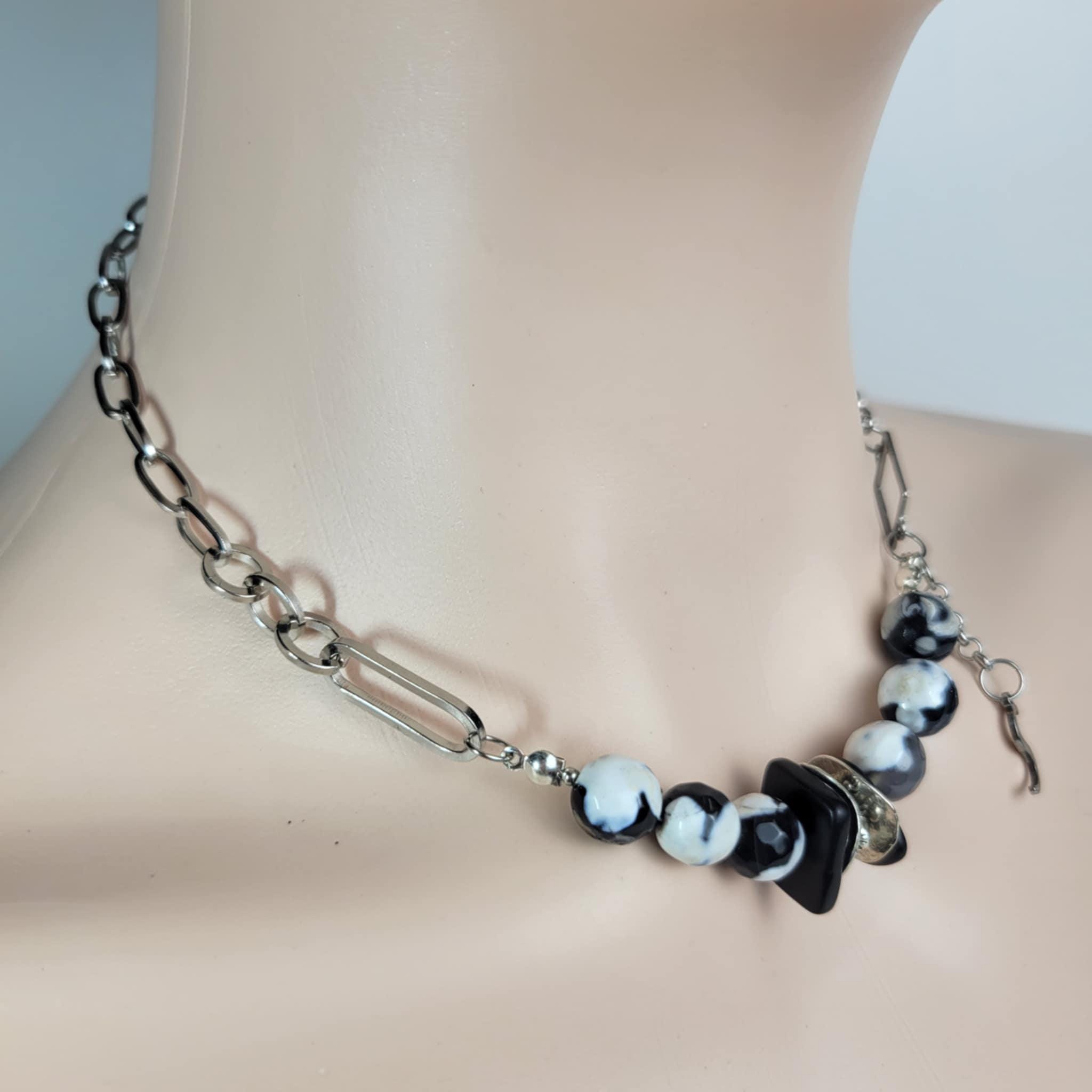 アゲートネックレス＆イヤリングセット、シルバーアクセント、モノクロ 