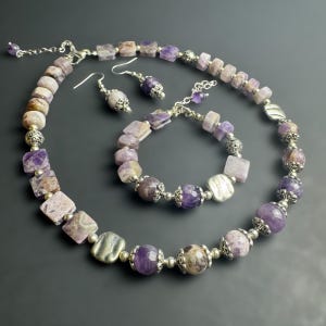 Modern Amethyst Gemstone Jewelry Set, Handmade Necklace, Bracelet & Earrings with Silver Accents, Unique Gift for Women.