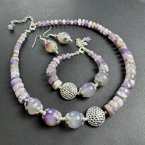 Amethyst gemstone purple necklace statement, handcrafted beaded jewelry set, modern, contemporary unique design necklace gift for women.