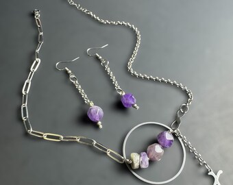 Minimalist Amethyst & Earrings Set,Handcrafted Gemstone Set, Geometric Pendant Necklace, Initial Charm February Birthstone Gift for Her.
