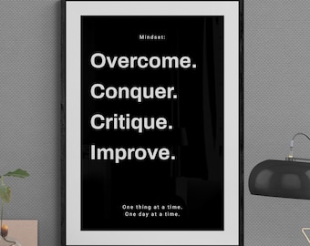 Póster motivacional de mentalidad: Superar, conquistar, mejorar - Arte mural para gimnasio y oficina