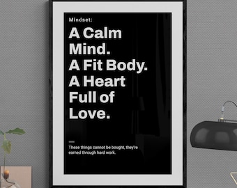 Motiverande tankesätt-affisch: Ett lugnt sinne, en vältränad kropp, ett fullt hjärta