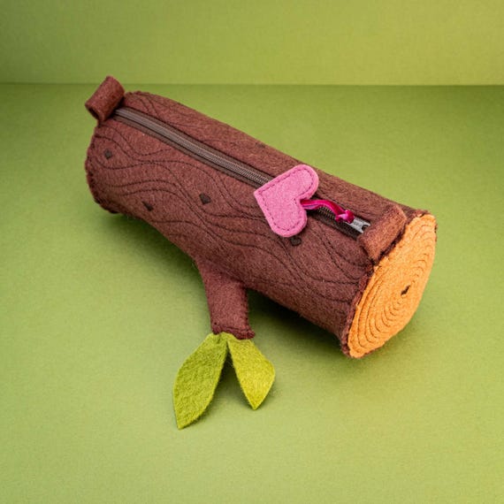 Handmade Wool Felt Log Pencil Case • Woodland Zipper Pouch