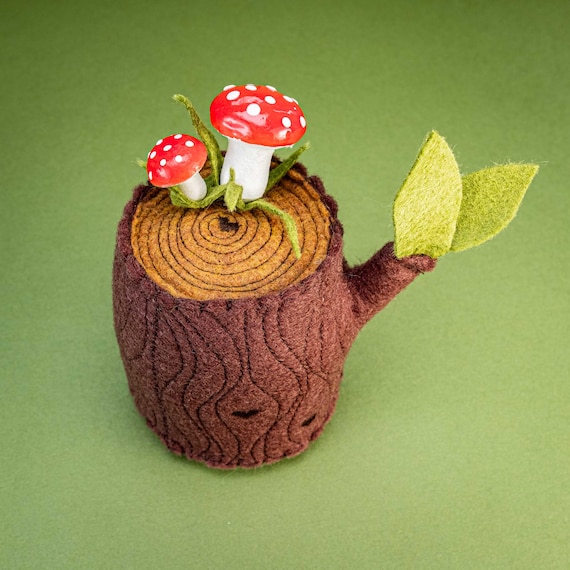 LARGE size Handmade Felt Tree Stump Pincushion with Mushroom Pins • Woodland Sewing Accessory