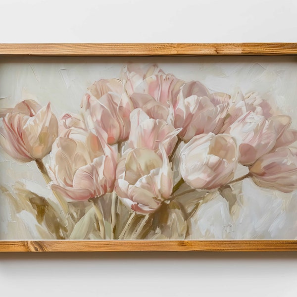 Art mural printanier à téléchargement immédiat | Peinture à l'huile de tulipes roses pour cadre TV en téléchargement numérique | Fleurs colorées pour le printemps