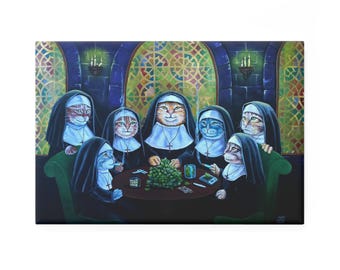 Funny Cat Lovers Button Magnet, Rectangle - Cats Dressed Like Nuns Rolling Cat Nip Joints, Cute Fridge Decor, Humorous Animal Gift,