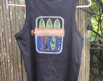 Handpainted Art Sardines American Apparel Tank Top womens size Medium