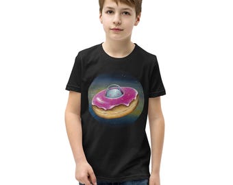 Space Donut Cat Artwork on a Youth Short Sleeve T-Shirt