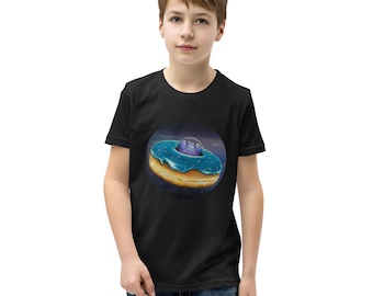Space Dog Donut Artwork on a Youth Short Sleeve T-Shirt