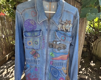 Handpainted art lightweight denim jacket size M/L