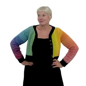 Op de afbeelding: Een regenboogkleurig vest met zwarte details en knopen. De mouwen hebben een kleurovergang van blauw naar roze. Het vest wordt over een zwarte jurk gedragen.