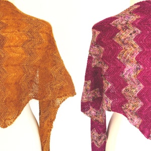 May include: Two knitted shawls, one in a deep brown color and the other in a vibrant burgundy color, both featuring a chevron pattern.