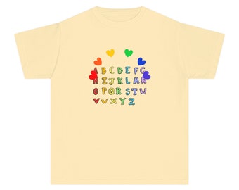 Maglietta per ragazzi di peso medio, abbigliamento con alfabeto, fantastici colori per l'abbigliamento scolastico, cuori arcobaleno