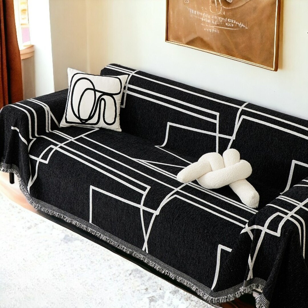 Minimal Black Sofa Throw, Black and White Couch Cover, Soft Black ...