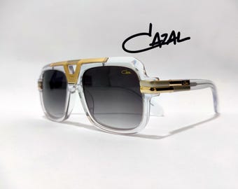 Occhiali da sole Cazal con montatura bicolore in cristallo e oro e lenti nere colorate, occhiali vintage